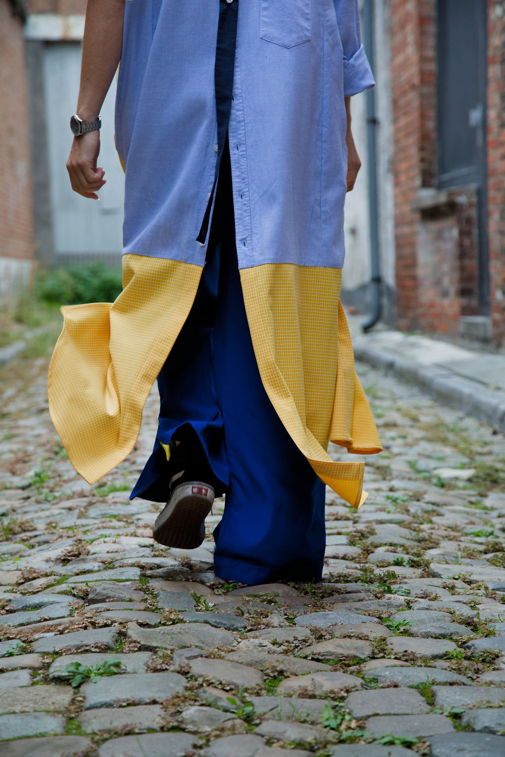 DUSK DRESS - Yellow/white check with light blue shirt fabric