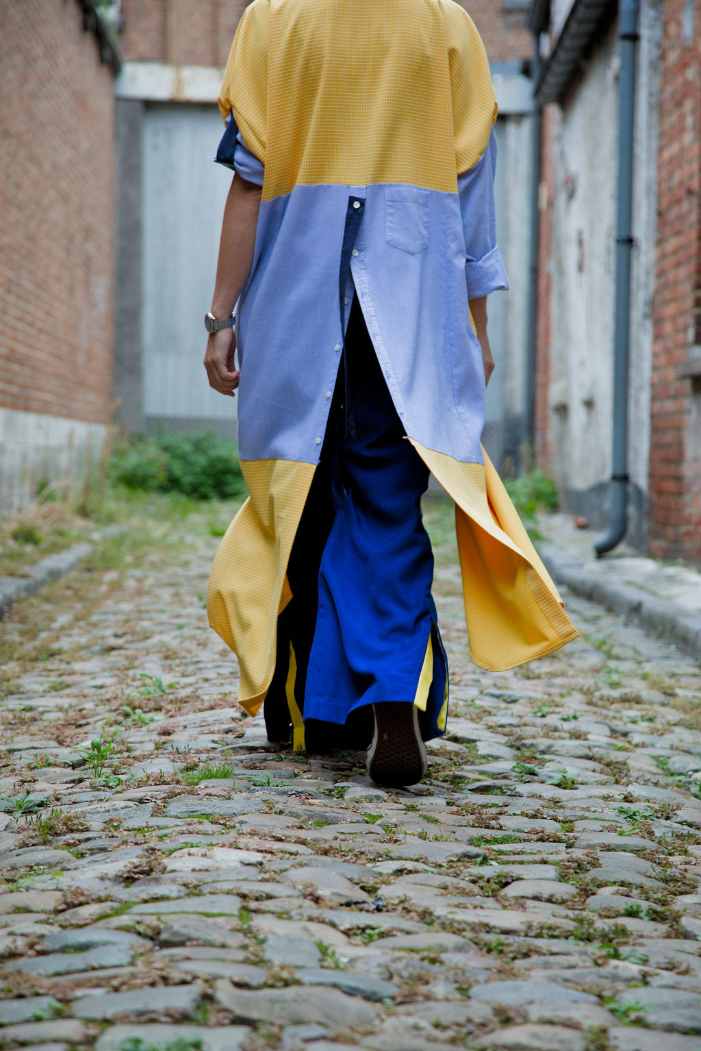 DUSK DRESS - Yellow/white check with light blue shirt fabric