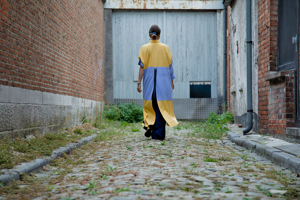 DUSK DRESS - Yellow/white check with light blue shirt fabric