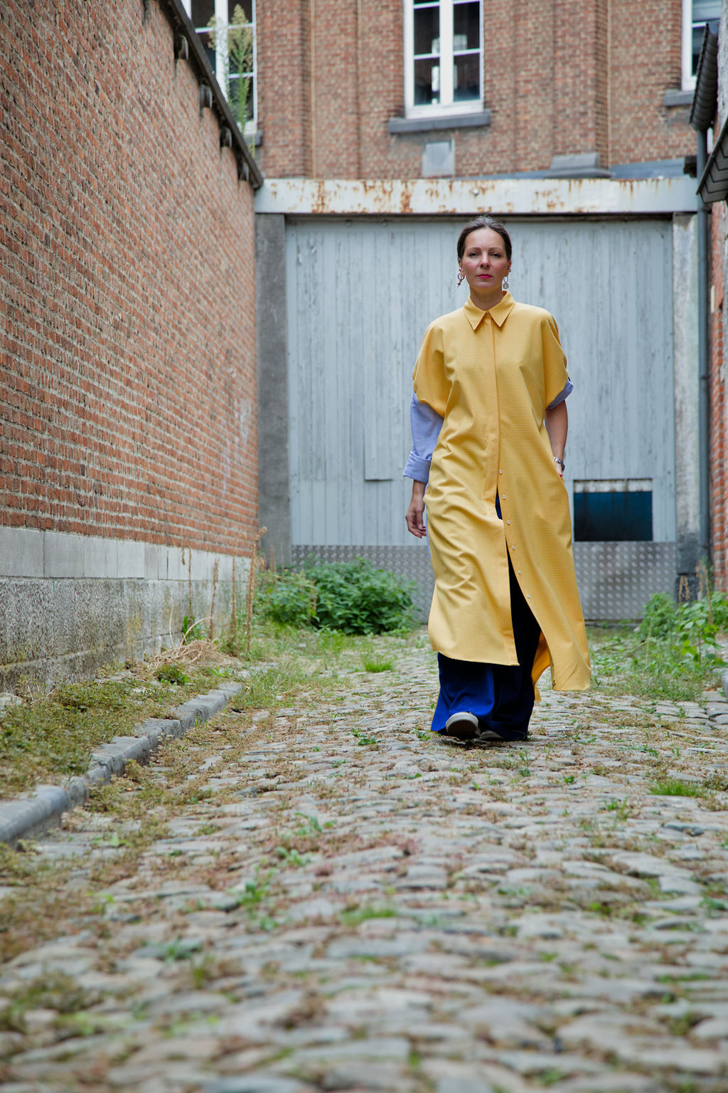 DUSK DRESS - Yellow/white check with light blue shirt fabric