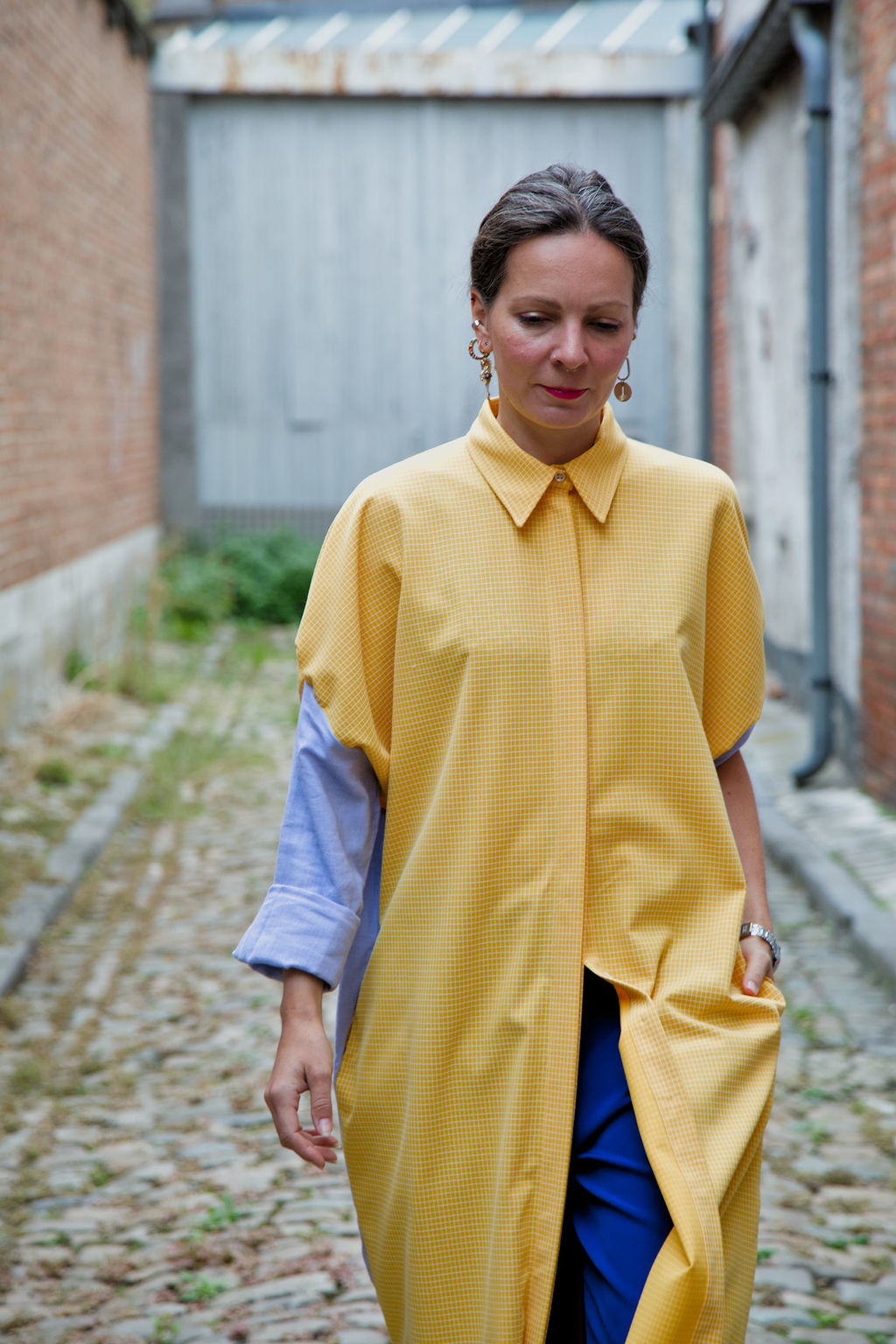 DUSK DRESS - Yellow/white check with light blue shirt fabric