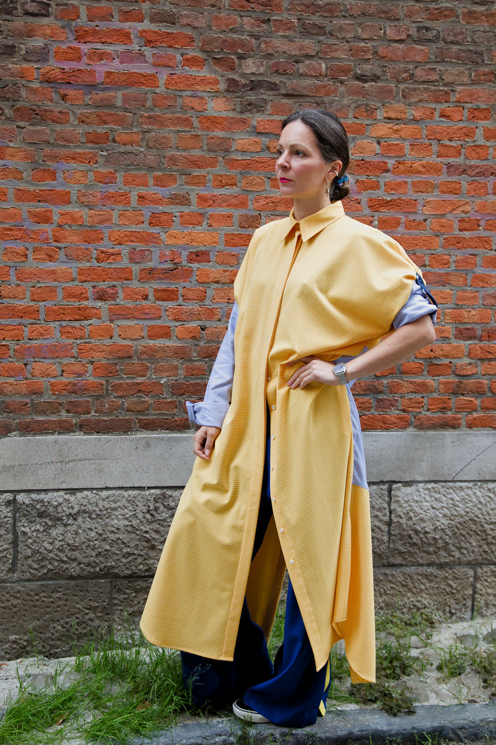 DUSK DRESS - Yellow/white check with light blue shirt fabric