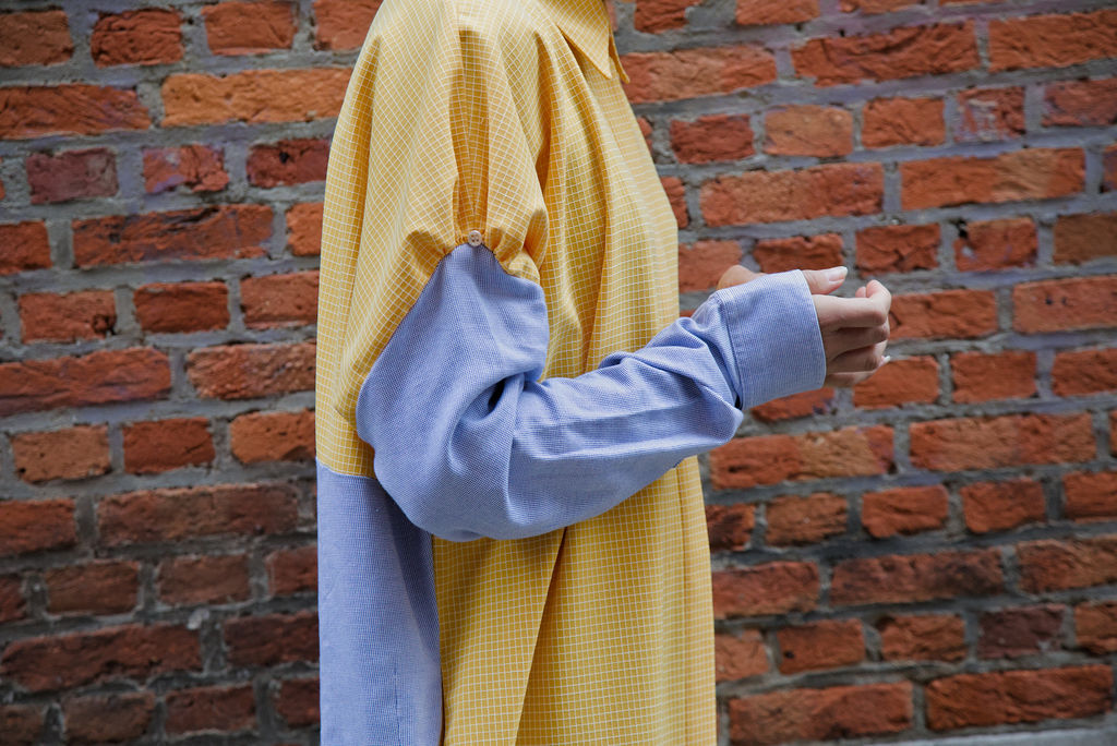 DUSK DRESS - Yellow/white check with light blue shirt fabric