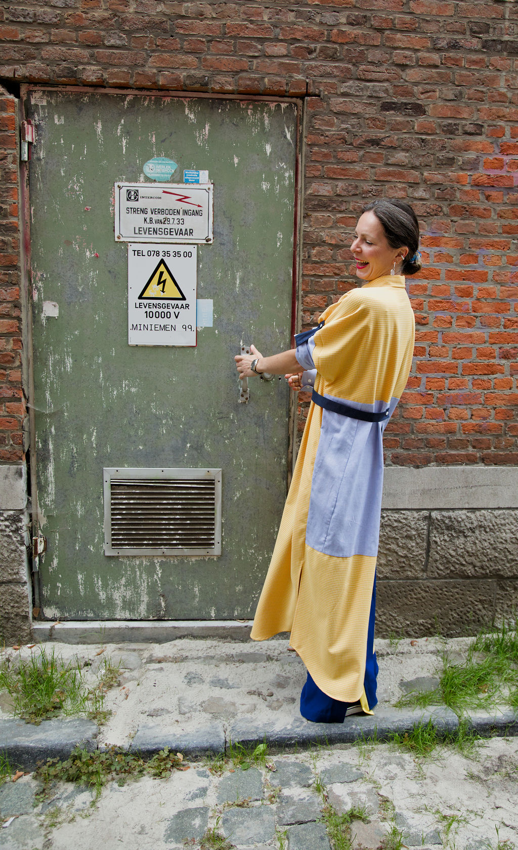 DUSK DRESS - Yellow/white check with light blue shirt fabric