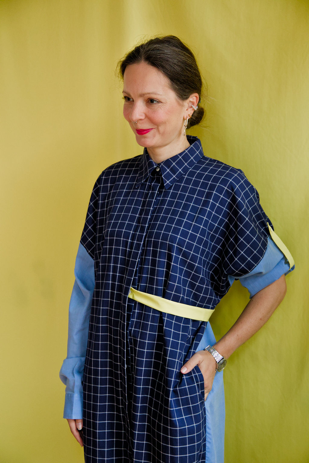 DUSK DRESS - Blue/white check with light blue shirt fabric