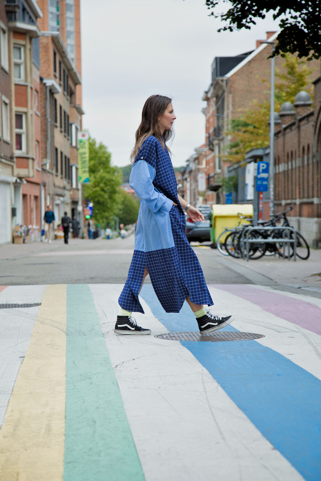 DUSK DRESS - Blue/white check with light blue shirt fabric