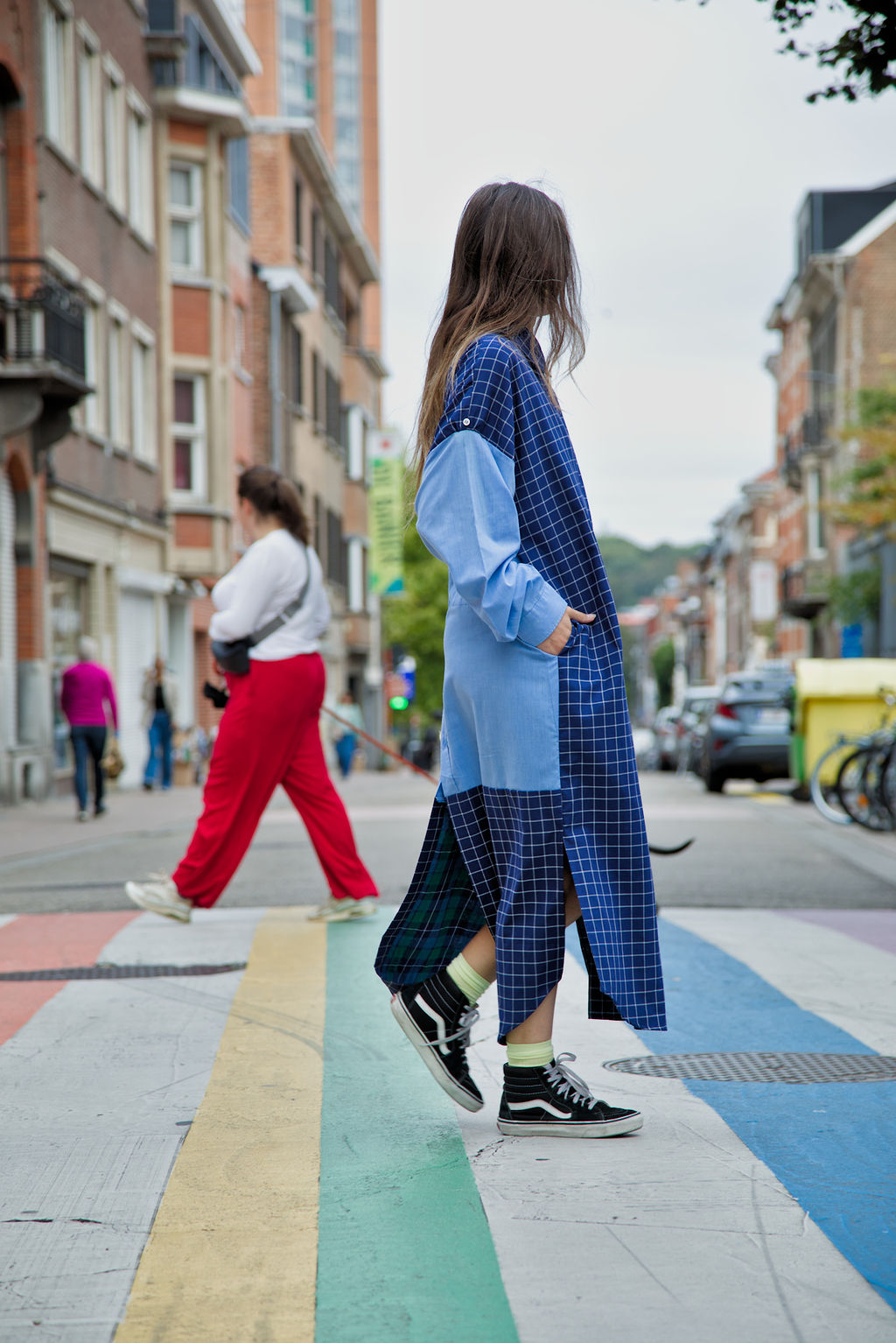 DUSK DRESS - Blue/white check with light blue shirt fabric