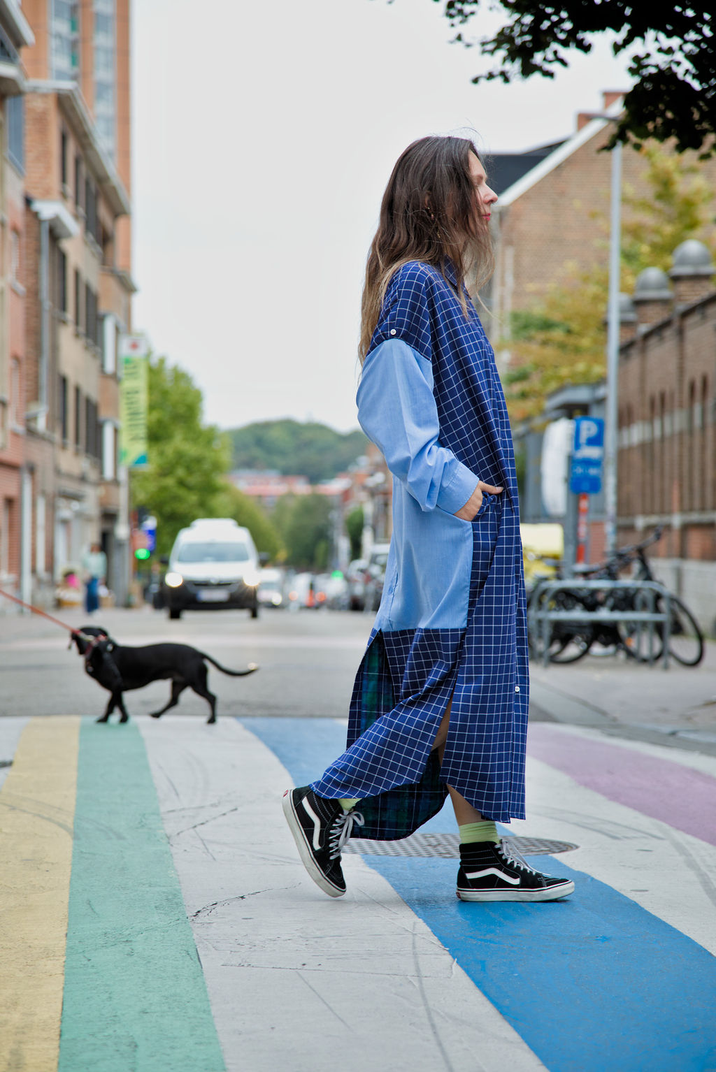 DUSK DRESS - Blue/white check with light blue shirt fabric