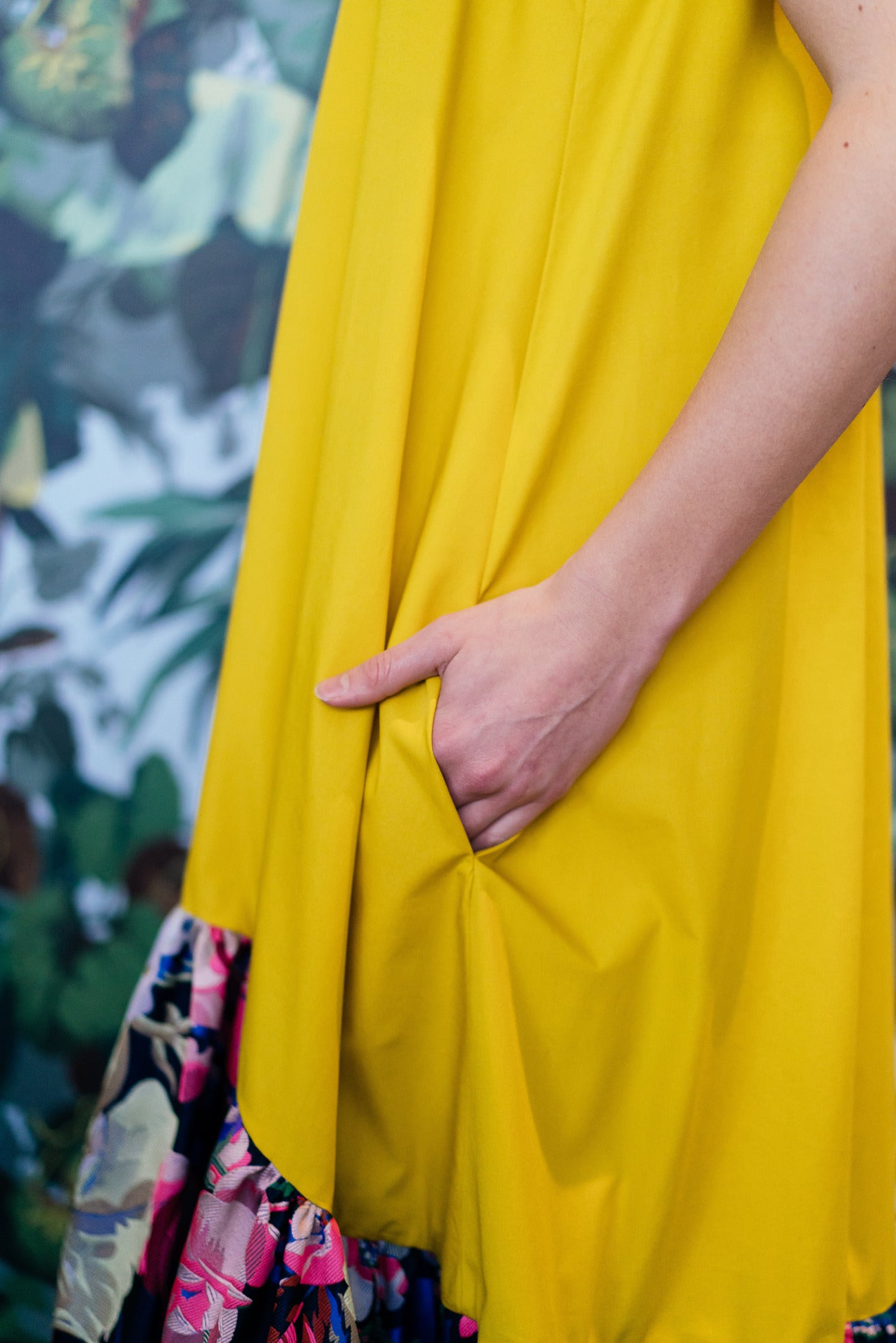 PEONY DRESS - Yellow with blue ruffle
