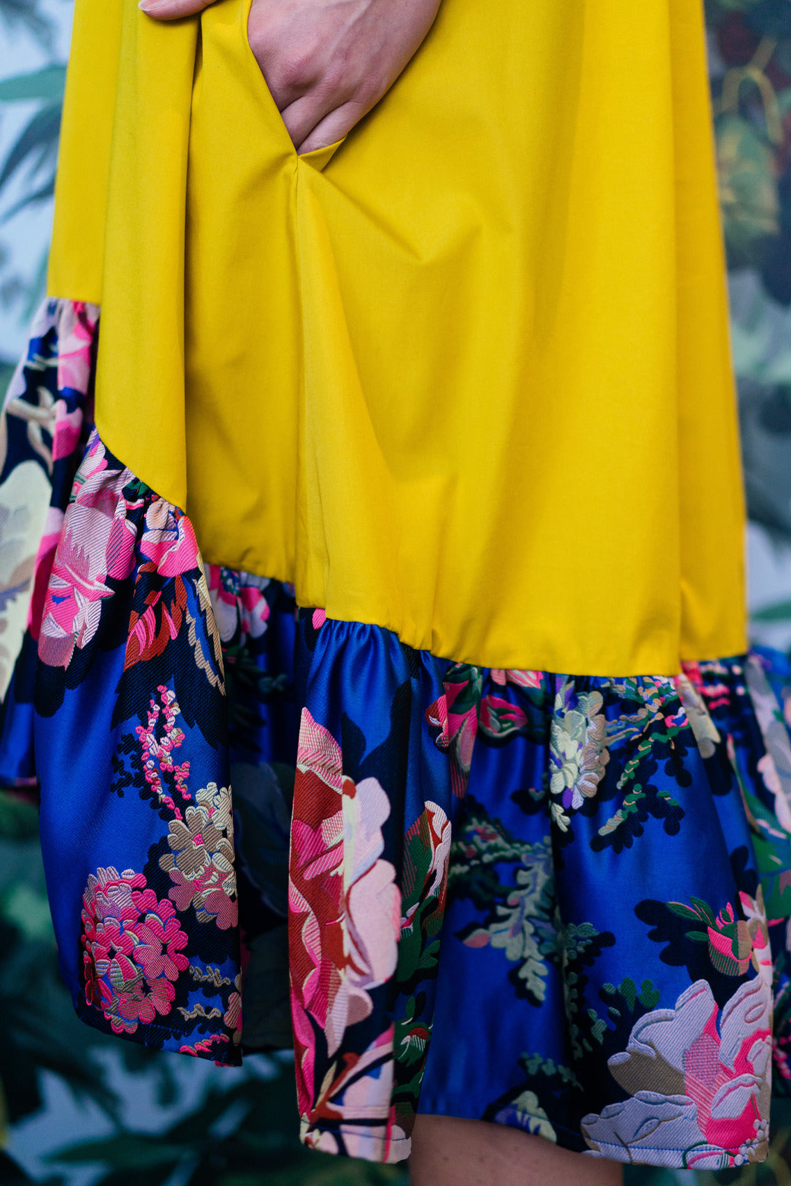 PEONY DRESS - Yellow with blue ruffle