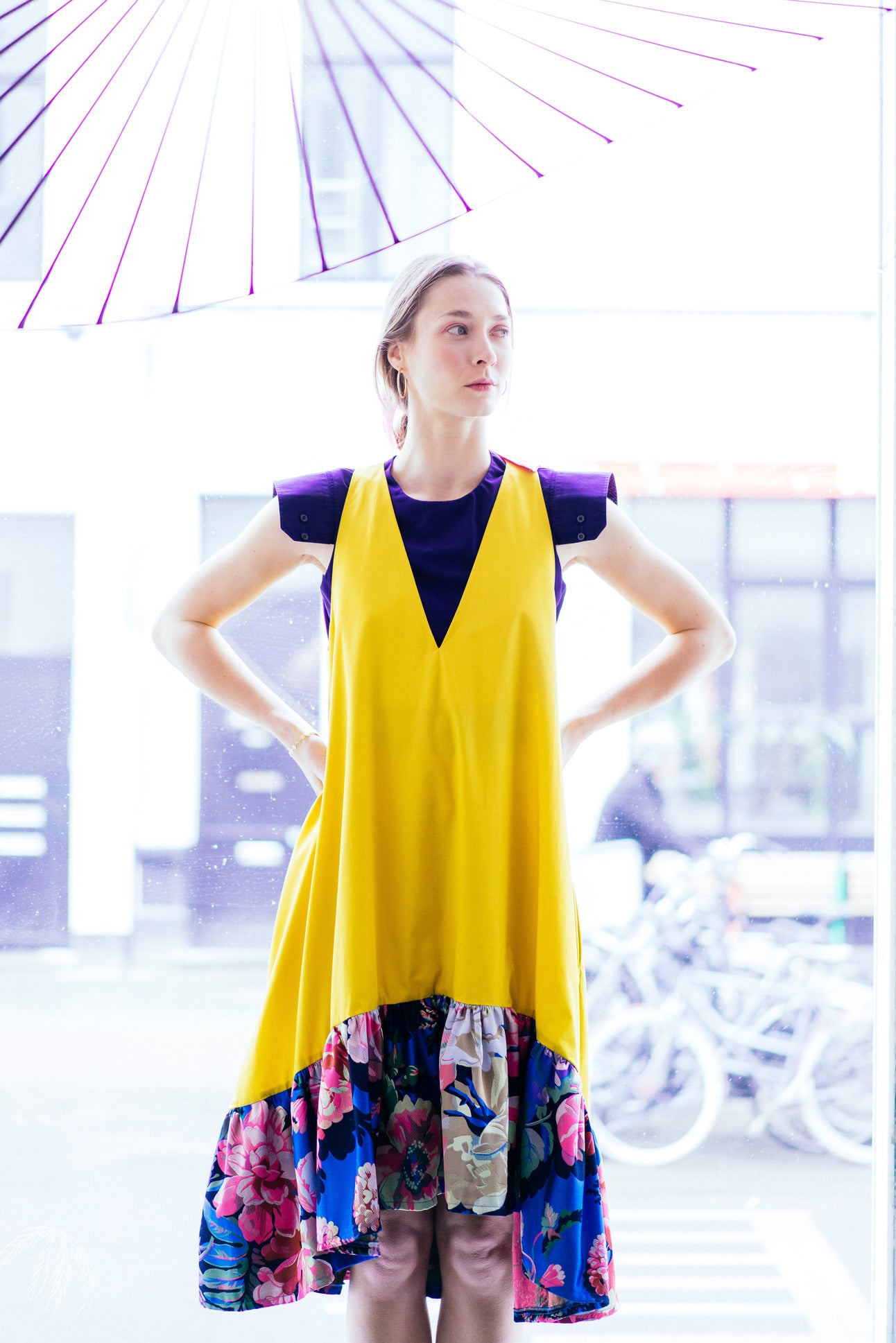 PEONY DRESS - Yellow with blue ruffle