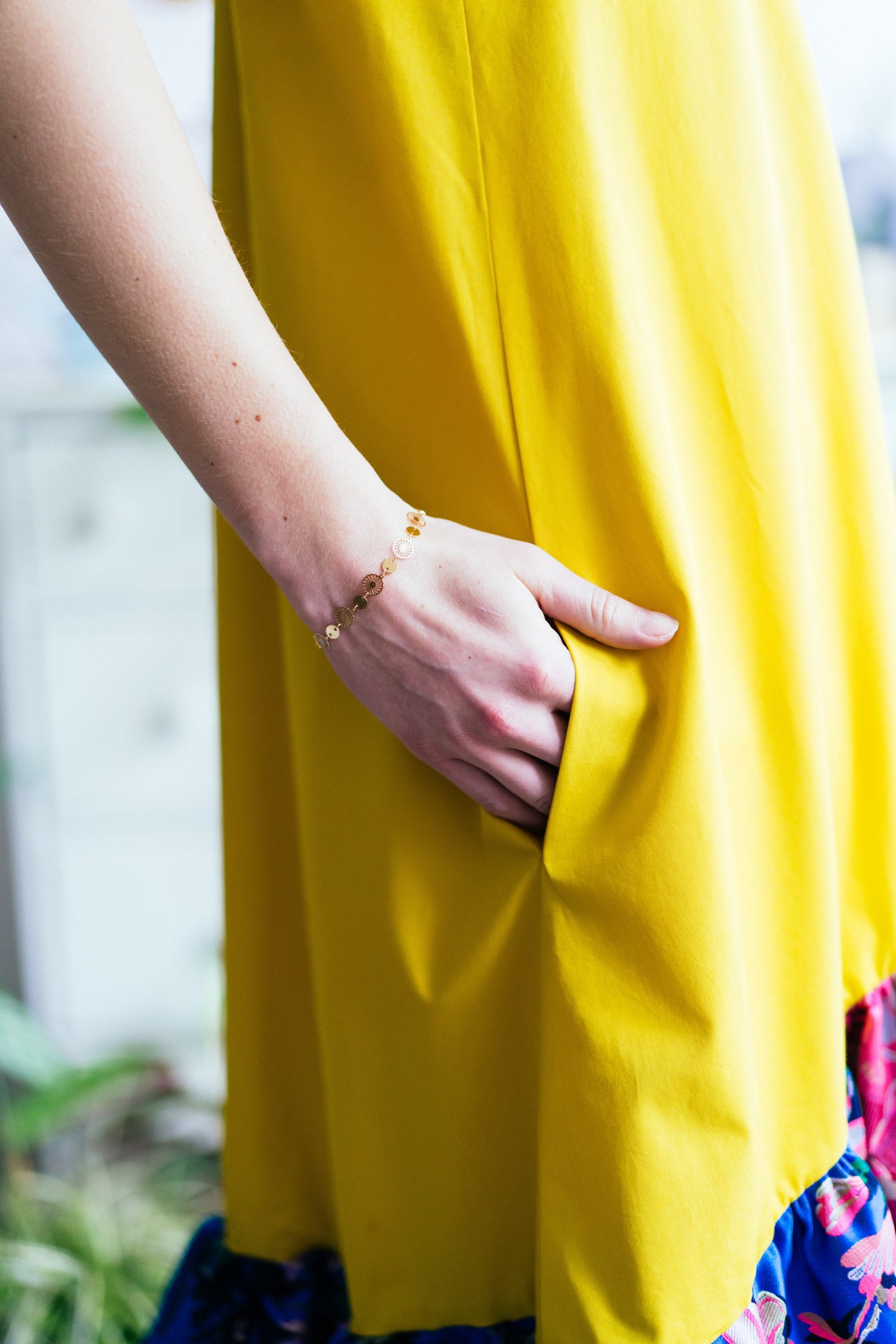 PEONY DRESS - Yellow with blue ruffle