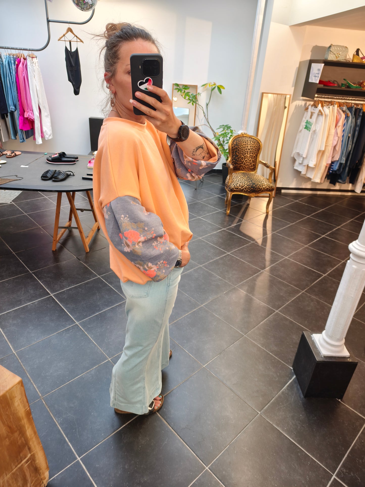 AIR sweater N°2 - Peach cotton sweater and blue brocade