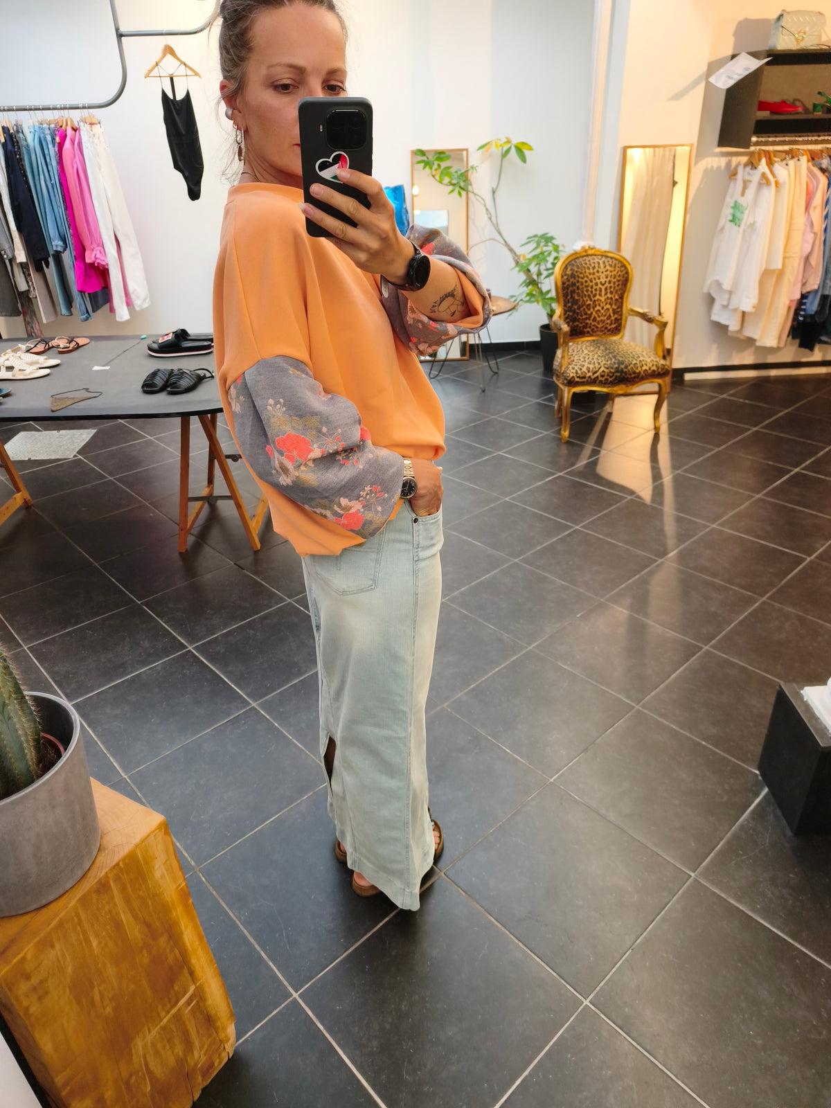 AIR sweater N°2 - Peach cotton sweater and blue brocade