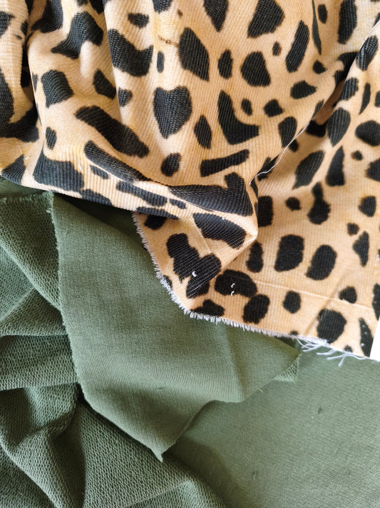 AIR sweater N°3 - Olive green cotton jersey and leopard corduroy PRE-ORDER