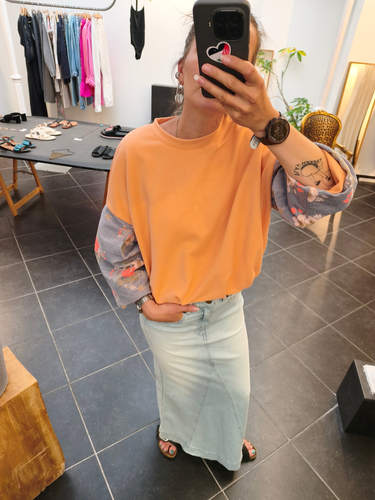 AIR sweater N°2 - Peach cotton sweater and blue brocade