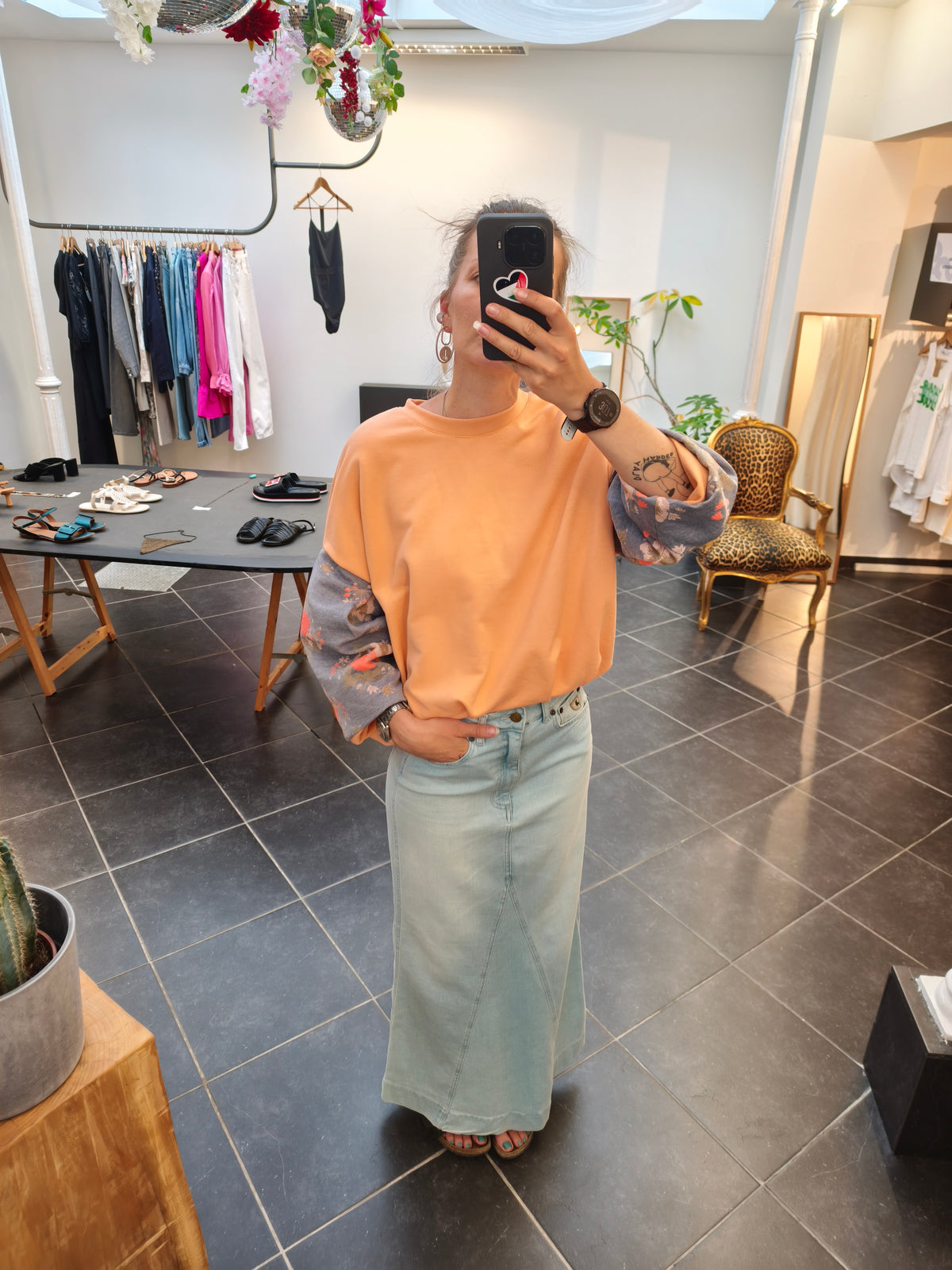 AIR sweater N°2 - Peach cotton sweater and blue brocade